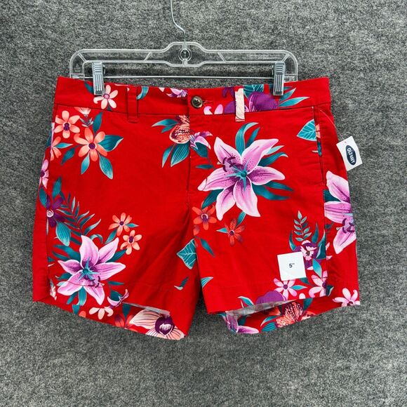 New Old Navy Shorts Women 8 Red Floral Mid Rise Chino Everyday Short Pockets - Picture 1 of 7